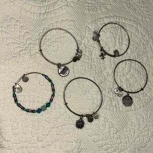 Alex and Ani Silver and Teal Charm Bracelets Set of 5 bundle